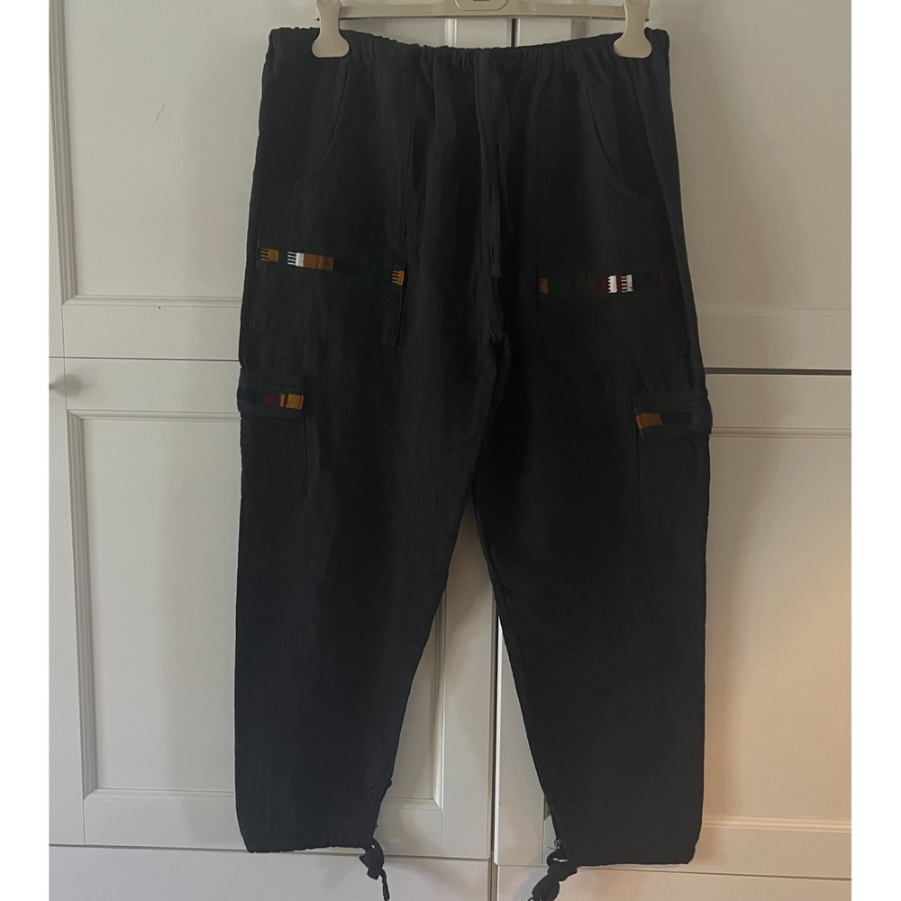 Black Cotton Cargo Pants Drawstring Waist Woven Accent Boho Hippie Unisex XL